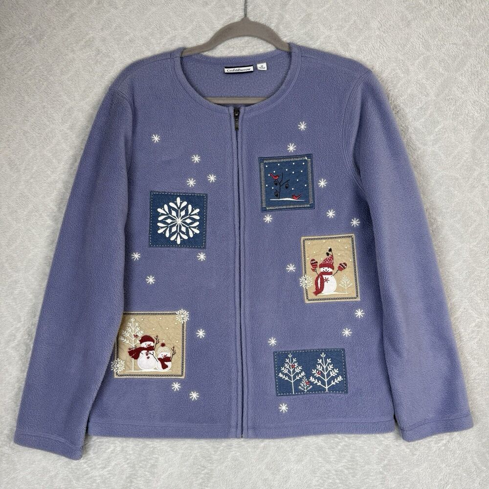 Vtg Croft & Barrow Holiday Snowman Fleece Jacket Womens M Blue Christmas Grandma
